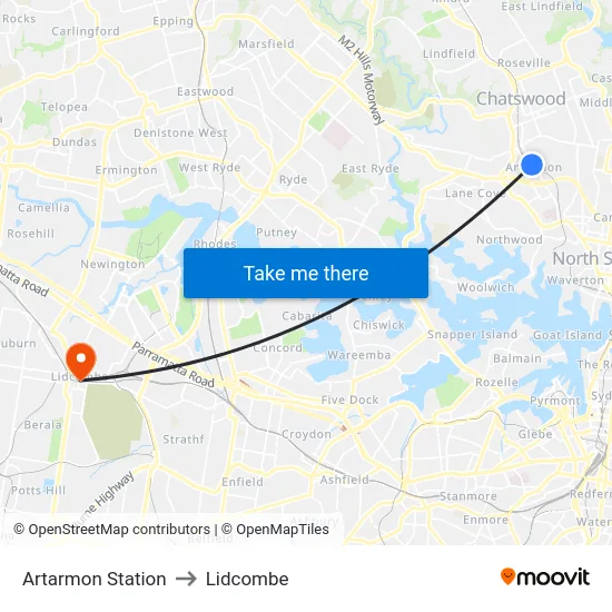 Artarmon Station to Lidcombe map