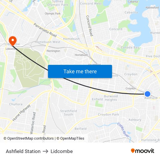 Ashfield Station to Lidcombe map