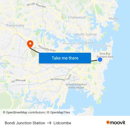 Bondi Junction Station to Lidcombe map