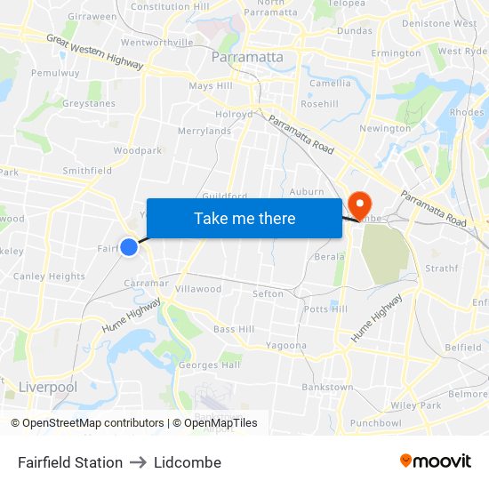 Fairfield Station to Lidcombe map