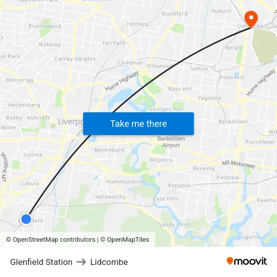 Glenfield Station to Lidcombe map