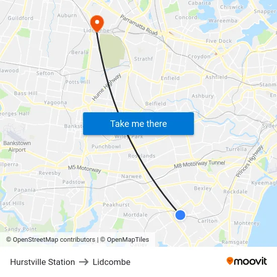 Hurstville Station to Lidcombe map