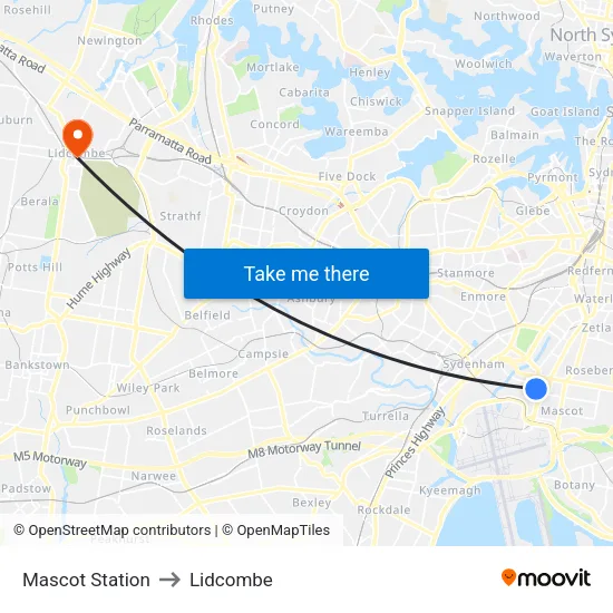 Mascot Station to Lidcombe map