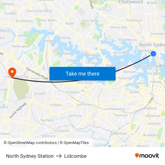 North Sydney Station to Lidcombe map