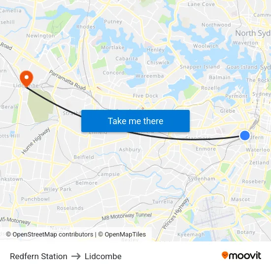 Redfern Station to Lidcombe map