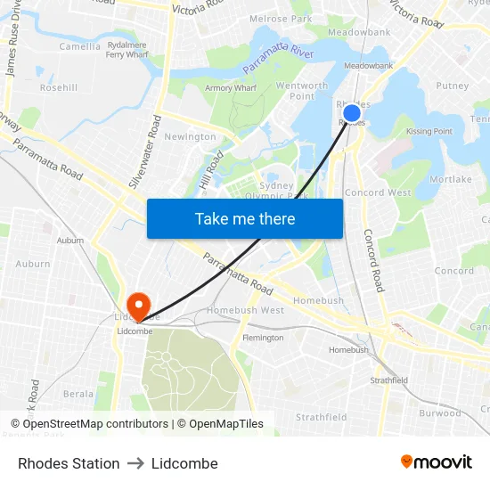 Rhodes Station to Lidcombe map