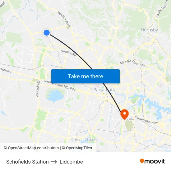 Schofields Station to Lidcombe map