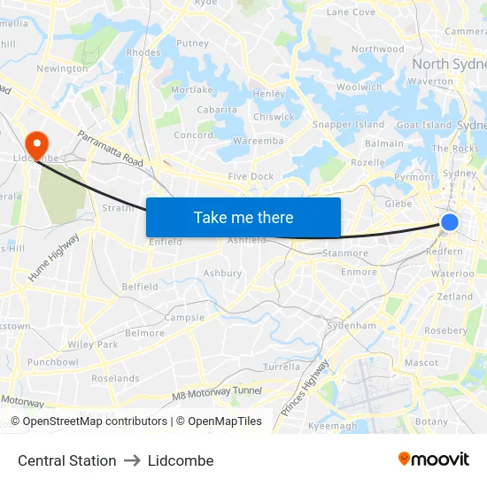 Central Station to Lidcombe map