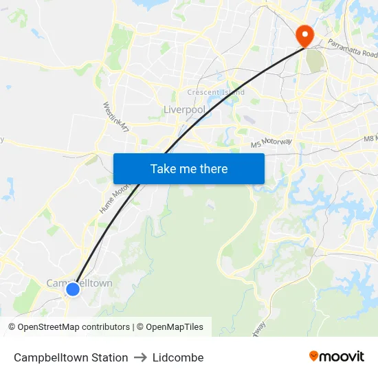 Campbelltown Station to Lidcombe map