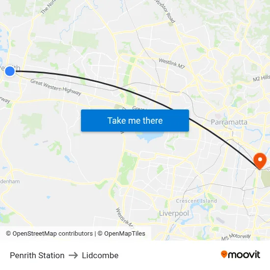 Penrith Station to Lidcombe map