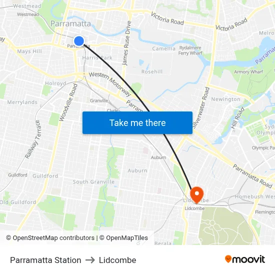 Parramatta Station to Lidcombe map