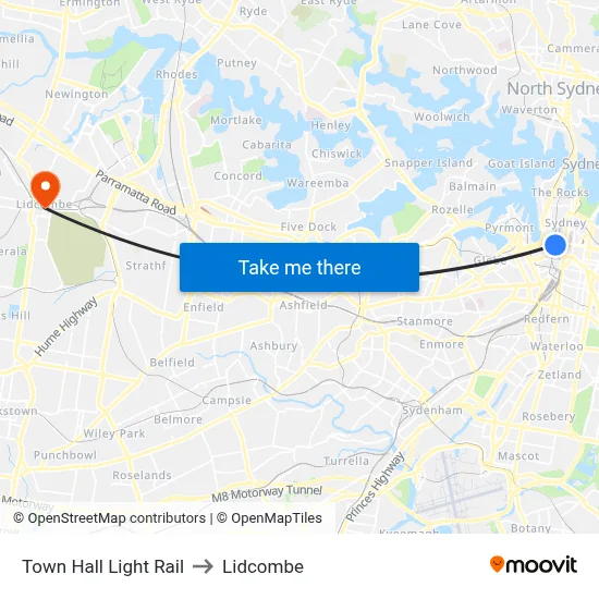 Town Hall Light Rail to Lidcombe map