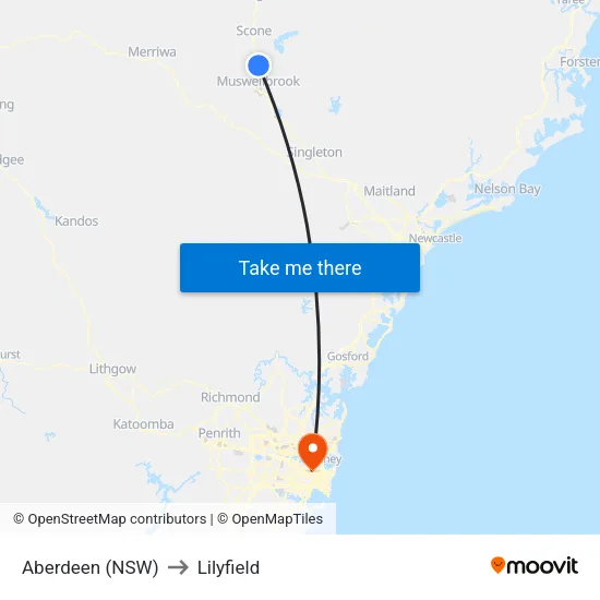 Aberdeen (NSW) to Lilyfield map