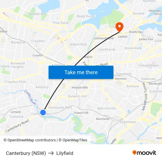 Canterbury (NSW) to Lilyfield map