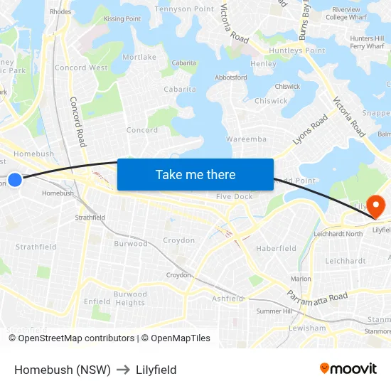 Homebush (NSW) to Lilyfield map