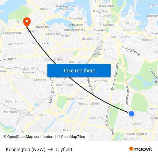 Kensington (NSW) to Lilyfield map