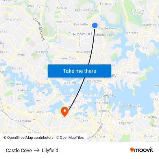 Castle Cove to Lilyfield map