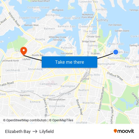 Elizabeth Bay to Lilyfield map