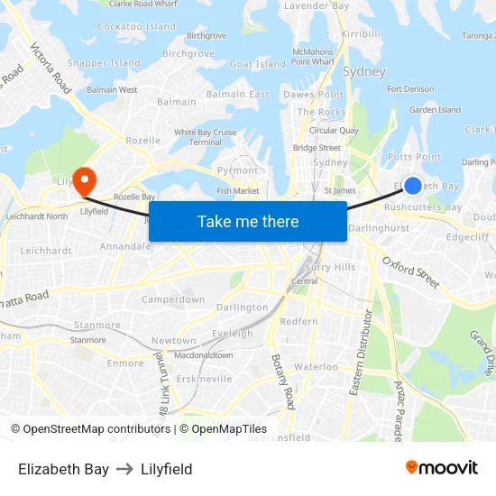 Elizabeth Bay to Lilyfield map