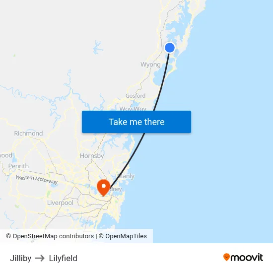 Jilliby to Lilyfield map