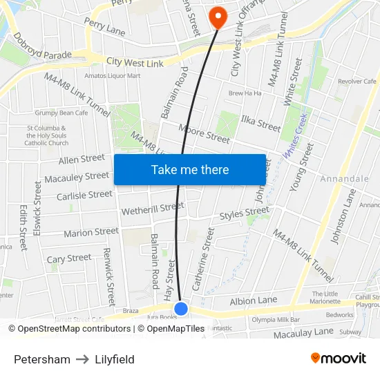Petersham to Lilyfield map
