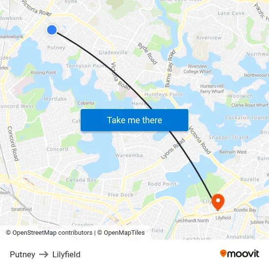 Putney to Lilyfield map