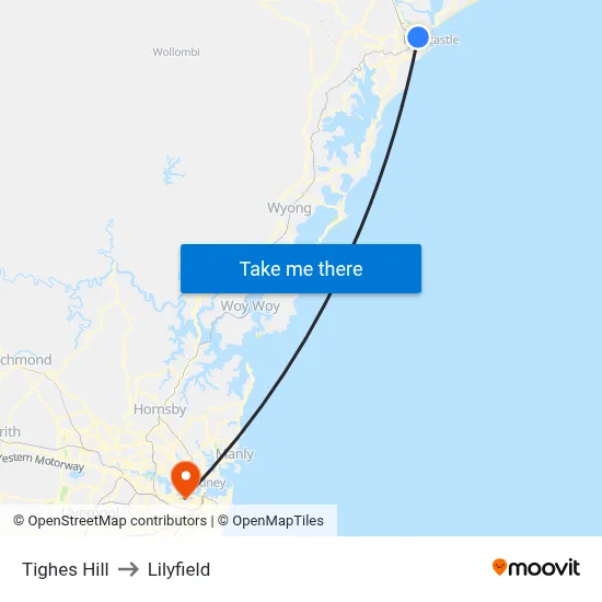 Tighes Hill to Lilyfield map