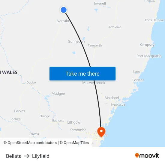 Bellata to Lilyfield map