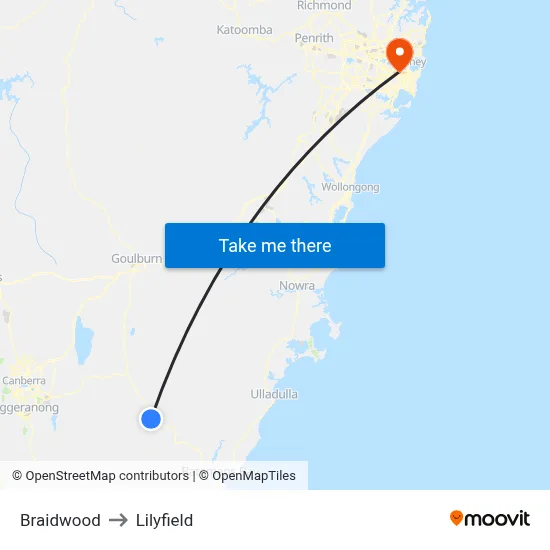 Braidwood to Lilyfield map