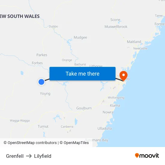 Grenfell to Lilyfield map