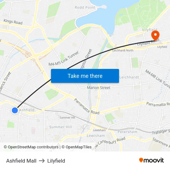 Ashfield Mall to Lilyfield map