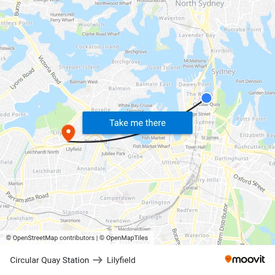 Circular Quay Station to Lilyfield map