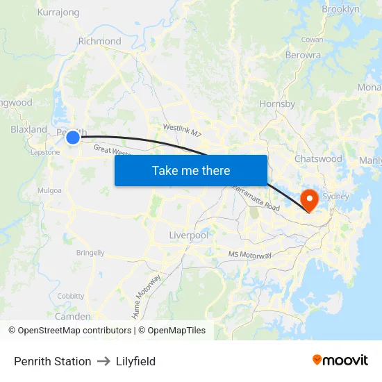 Penrith Station to Lilyfield map