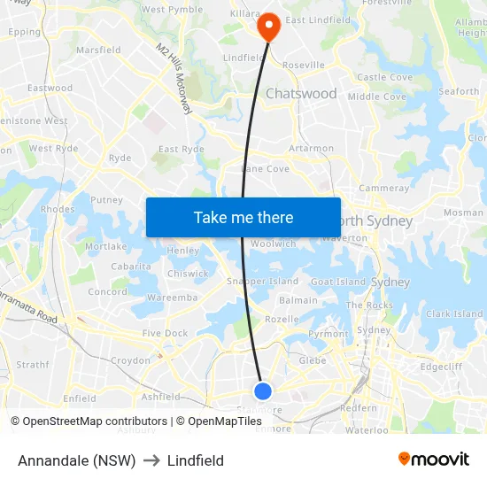 Annandale (NSW) to Lindfield map