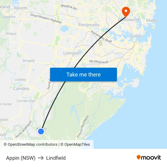 Appin (NSW) to Lindfield map
