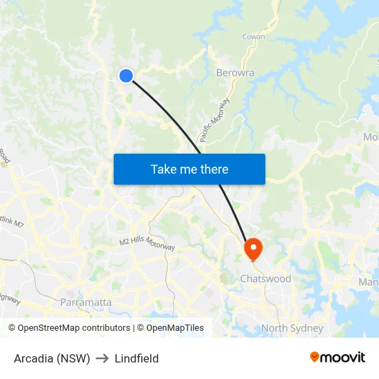 Arcadia (NSW) to Lindfield map