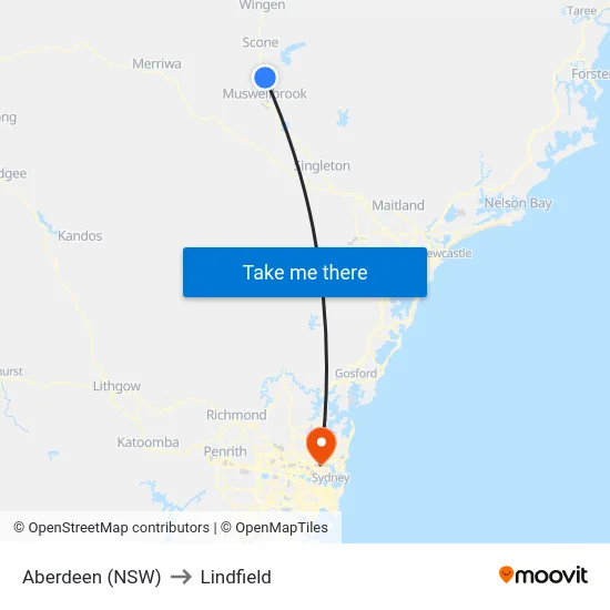 Aberdeen (NSW) to Lindfield map
