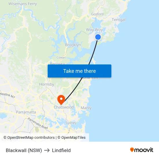 Blackwall (NSW) to Lindfield map