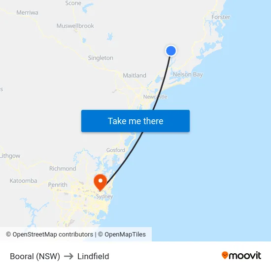 Booral (NSW) to Lindfield map