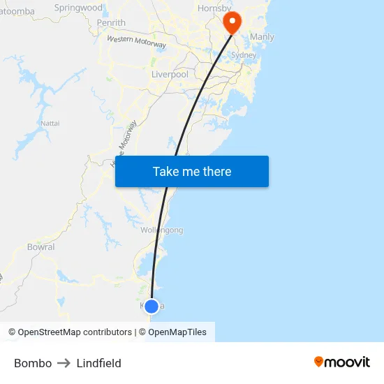 Bombo to Lindfield map