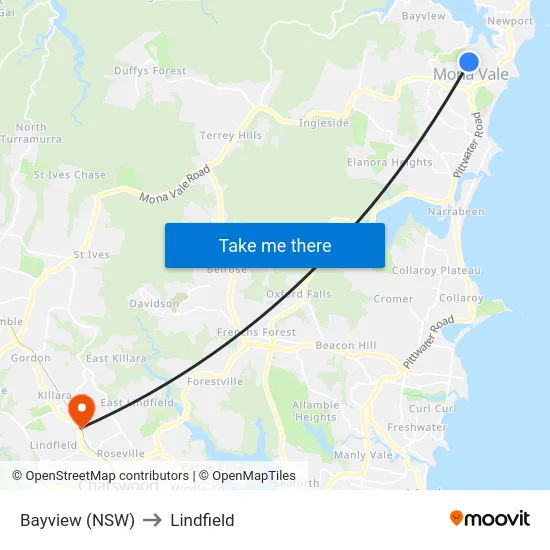 Bayview (NSW) to Lindfield map