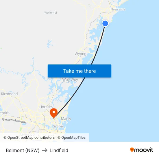 Belmont (NSW) to Lindfield map