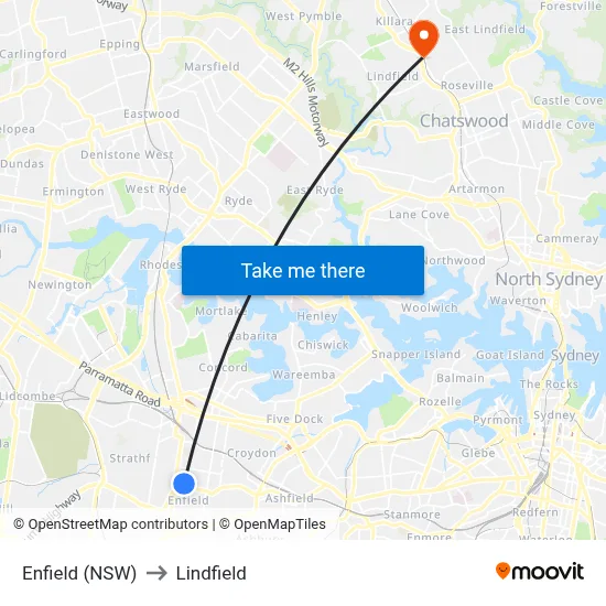 Enfield (NSW) to Lindfield map