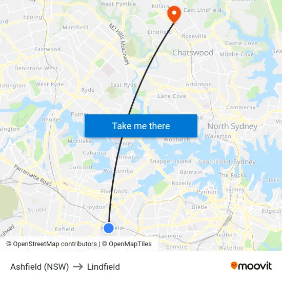 Ashfield (NSW) to Lindfield map