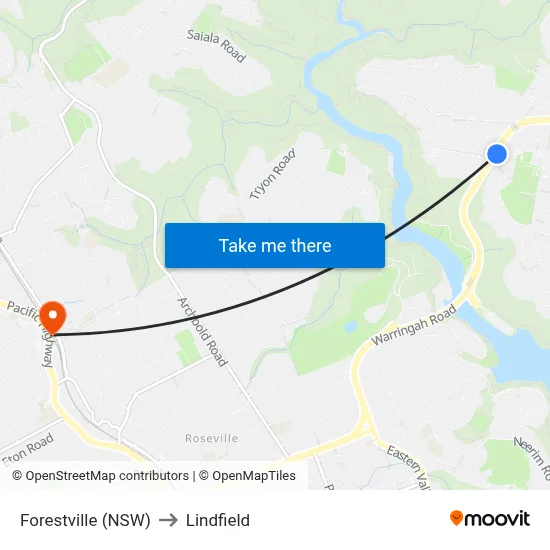 Forestville (NSW) to Lindfield map