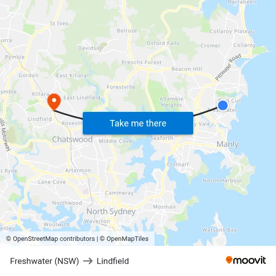 Freshwater (NSW) to Lindfield map