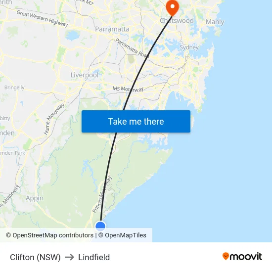 Clifton (NSW) to Lindfield map