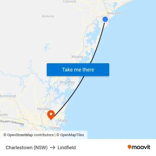 Charlestown (NSW) to Lindfield map