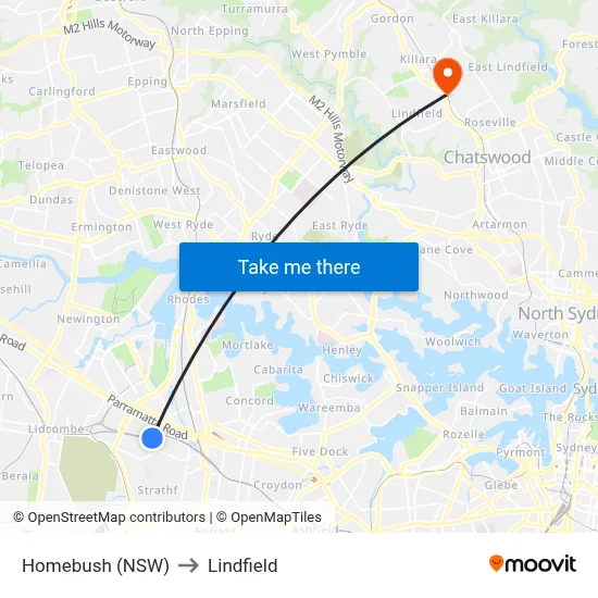 Homebush (NSW) to Lindfield map