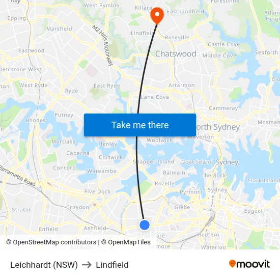 Leichhardt (NSW) to Lindfield map